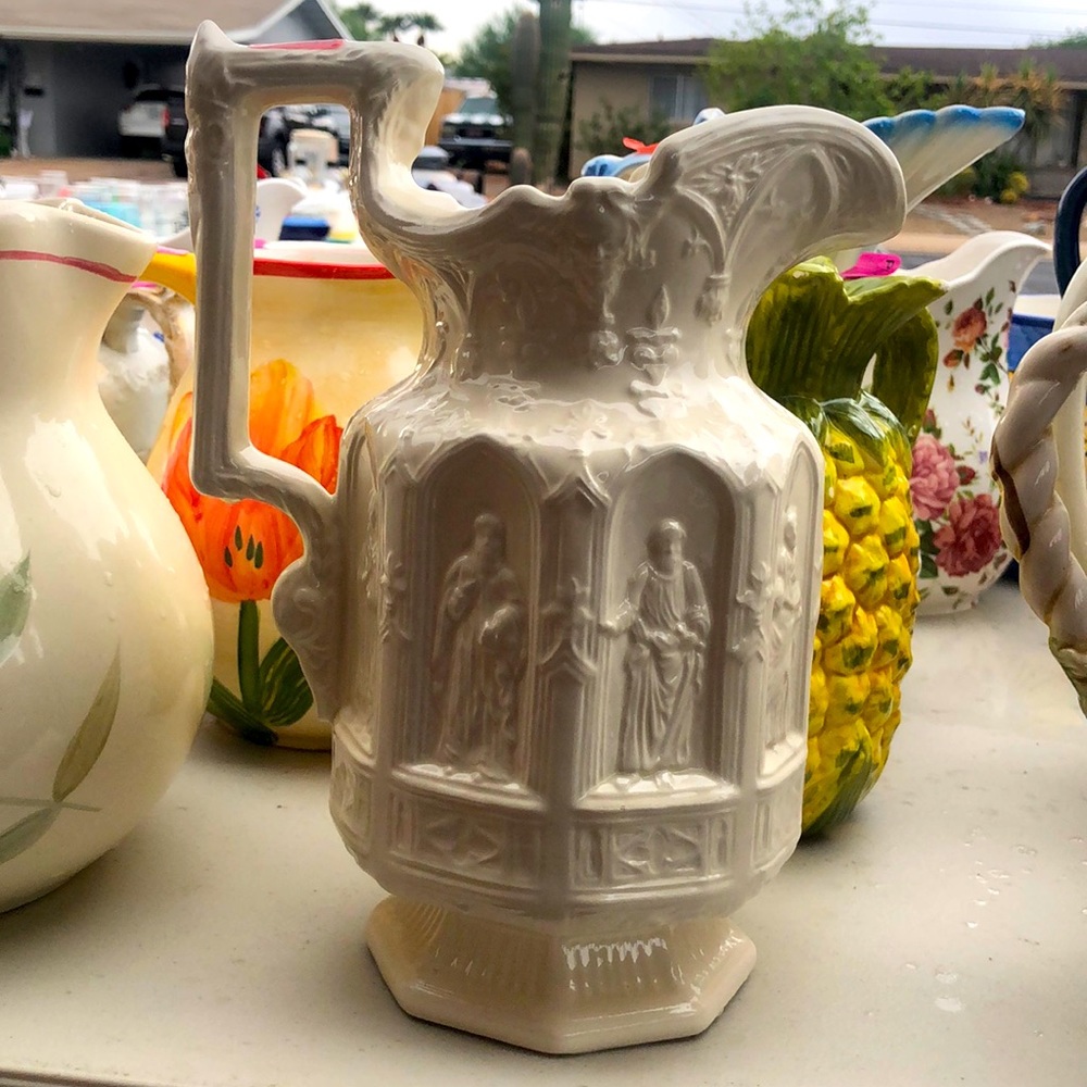 Circa 1842 English Staffordshire Apostle Pitcher 8 Saints in Gothic Arches